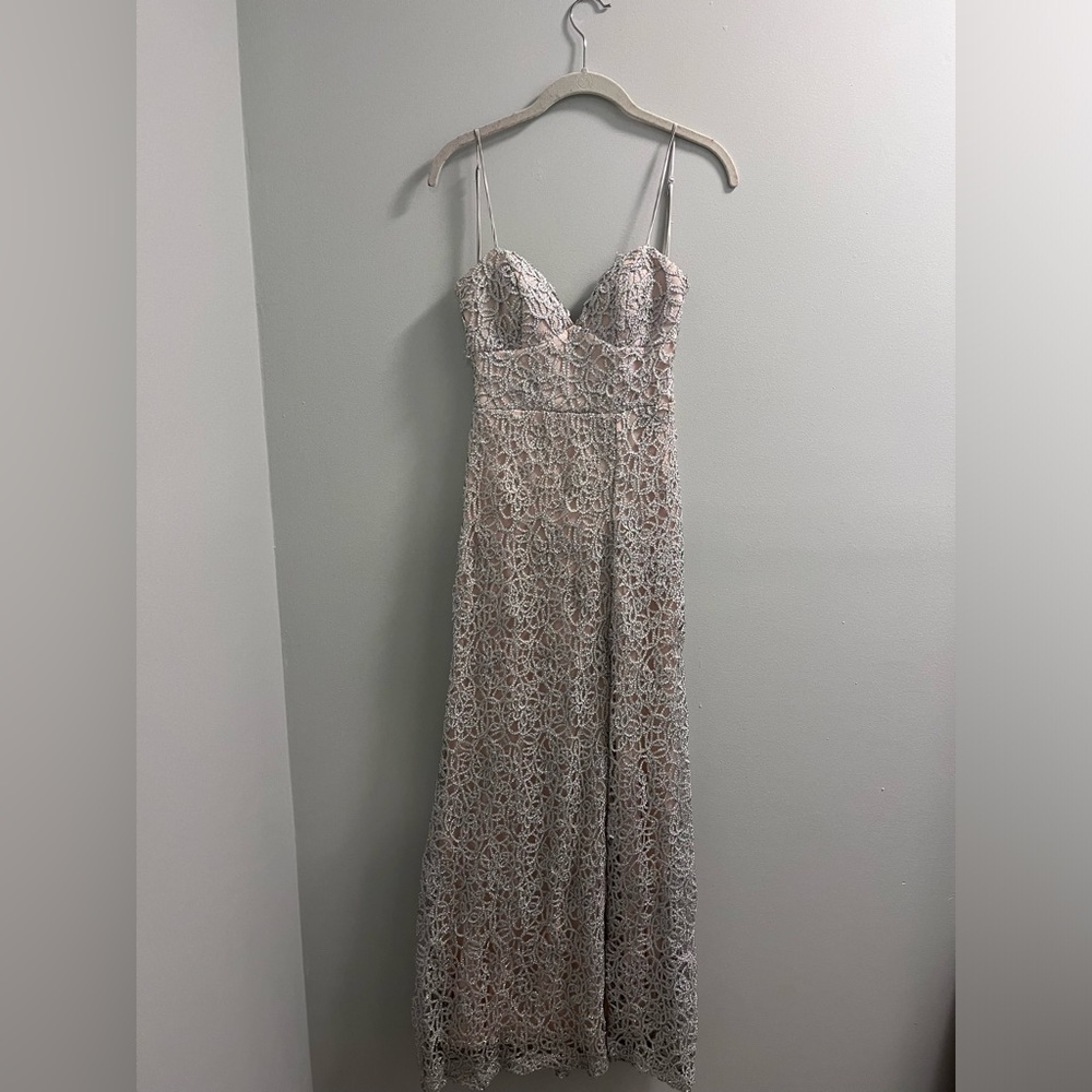 B.Darlin Silver Lace Overlay Prom Dress